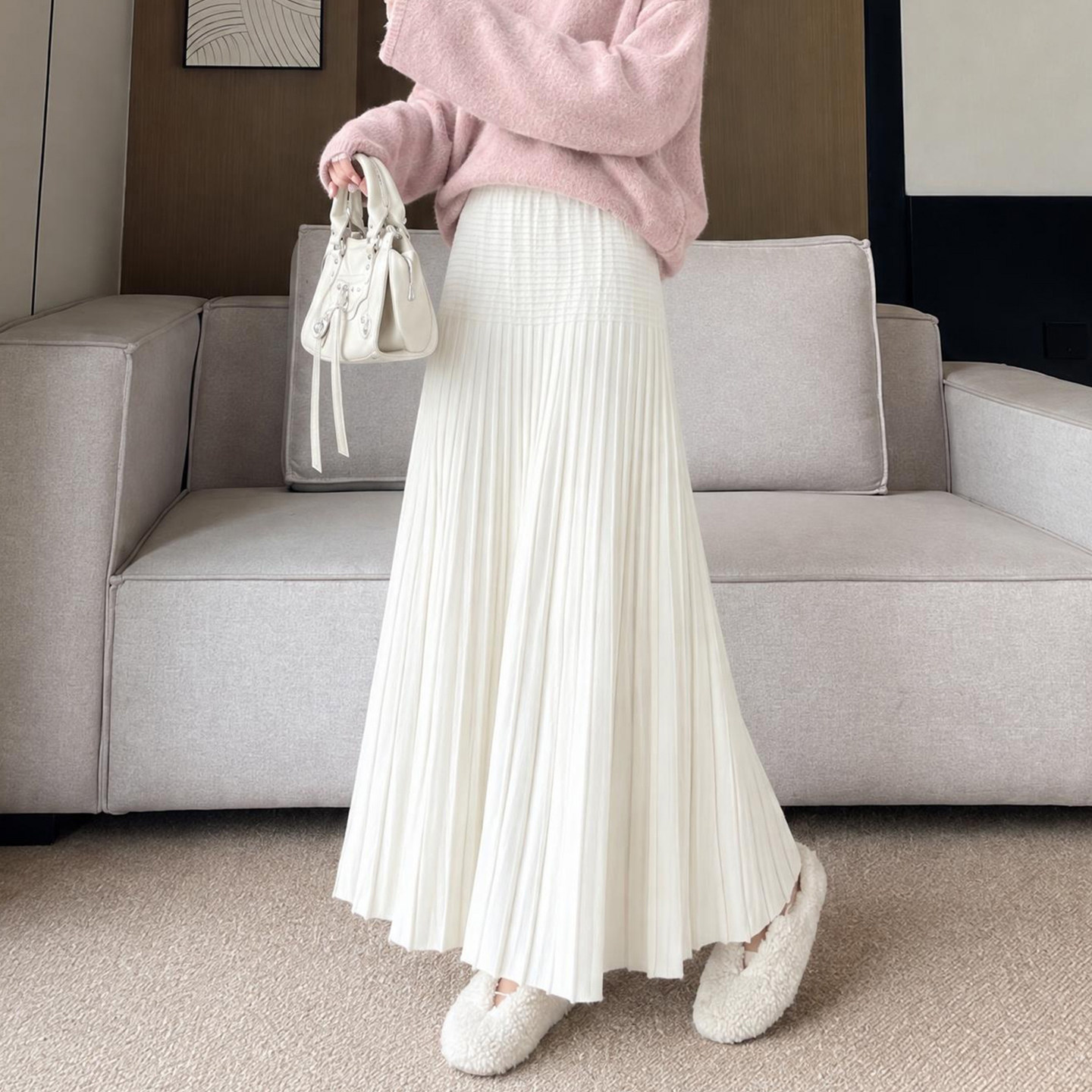 针织坑条半身裙女秋冬百褶裙2026新款高腰遮胯显瘦a字裙加厚冬裙