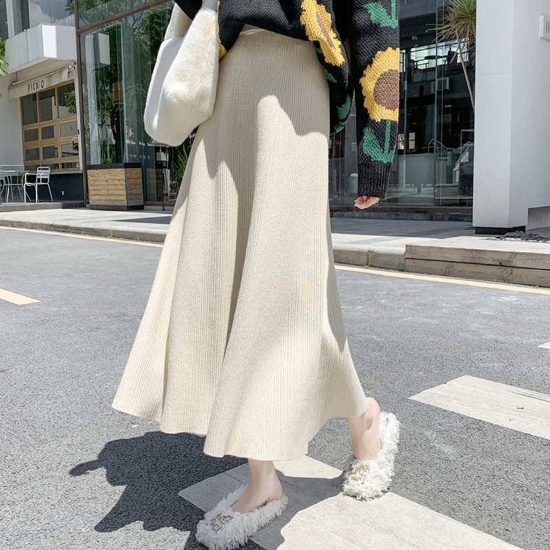 黑色a字半身裙女秋冬2021新款高腰中长款毛线大摆长裙加厚针织裙