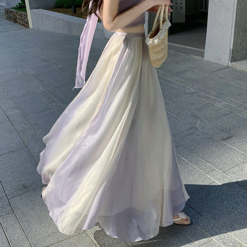 绝美流光纱撞色半身裙女夏季长裙
