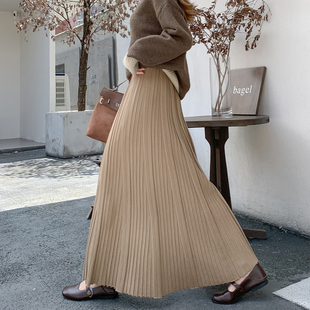 针织裙子女半身裙秋冬2025新款 超火遮跨休闲a字长裙高腰百褶冬裙