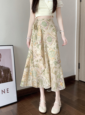 一片式荷叶边碎花雪纺半身裙女2026春夏百搭显瘦系带中长款a字裙