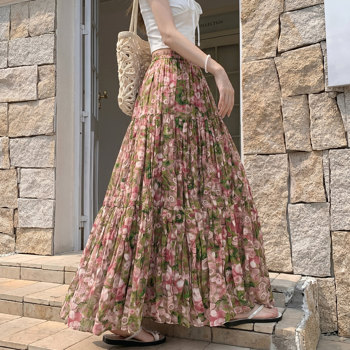 温柔风雪纺碎花褶皱半身裙女2026夏季新款及踝长裙高腰显瘦a字裙