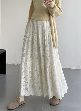 甜美加绒蕾丝半身裙女仙女蛋糕裙2025秋冬紧高腰显瘦中长款a字裙