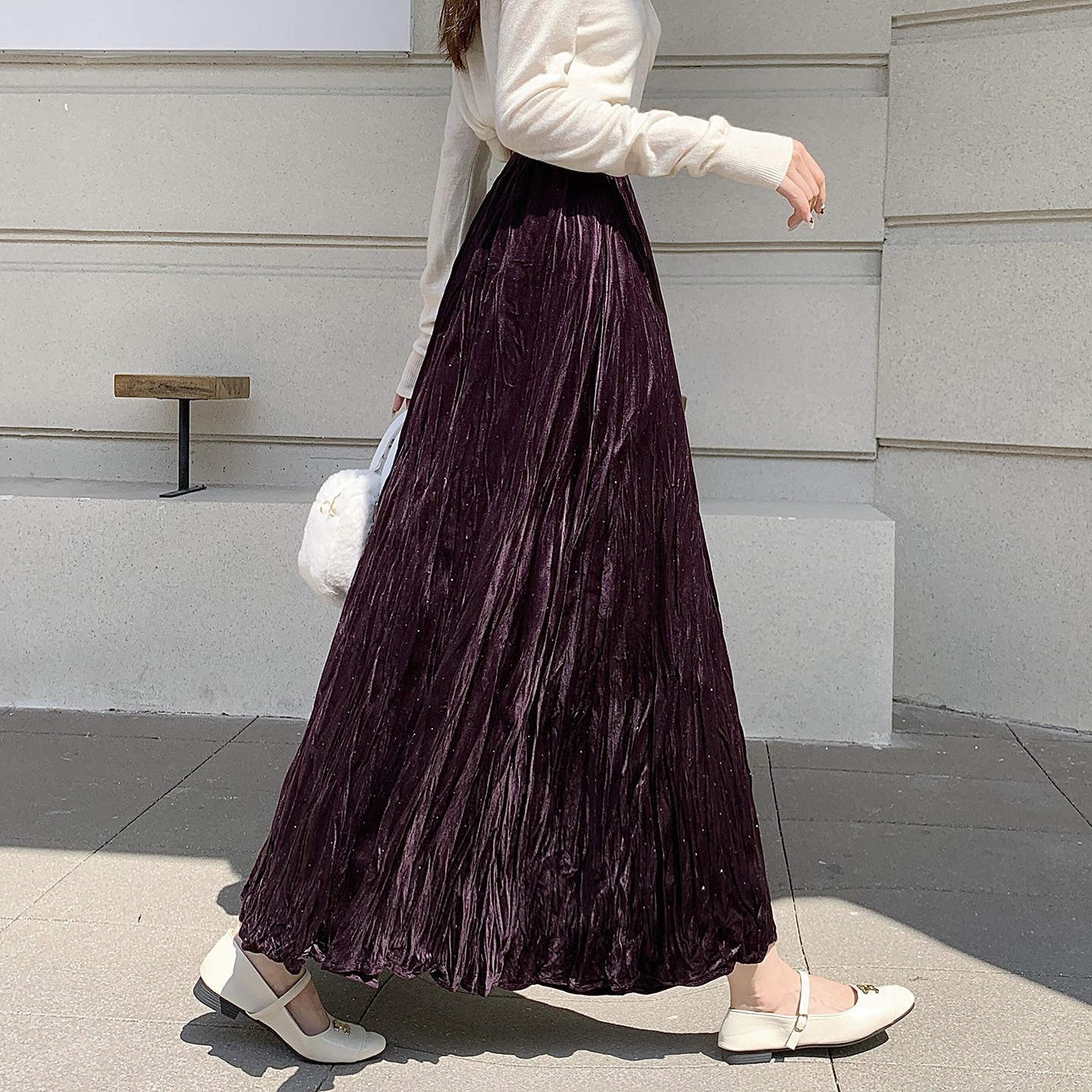 复古烫钻褶皱金丝绒半身裙女秋冬