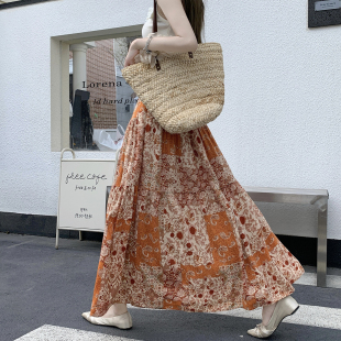 波西米亚风雪纺印花半身裙女夏季 遮胯显瘦大摆长裙伞裙子 2026新款