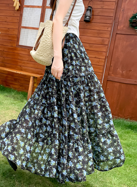 飘逸雪纺半身裙女夏季2026新款宽松大摆蛋糕a字长裙高腰碎花裙子