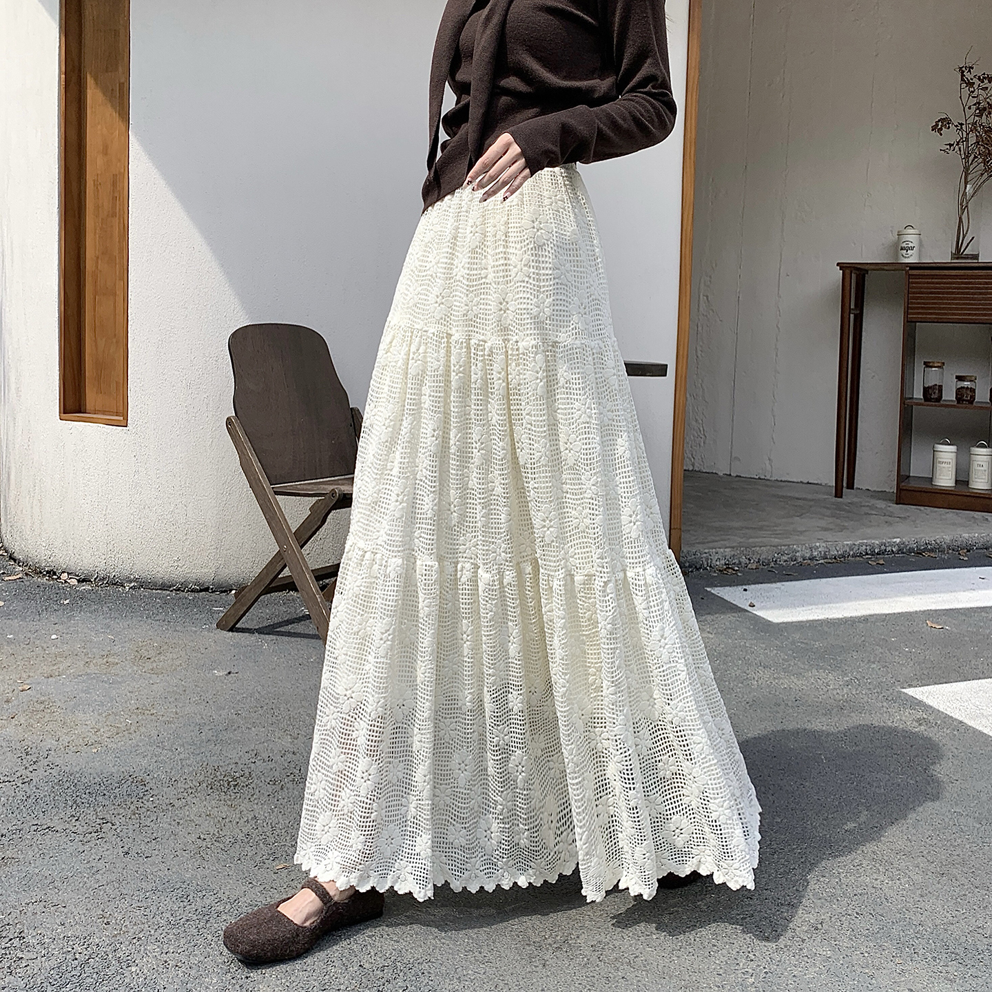 超仙加绒加厚蕾丝半身长裙女秋冬