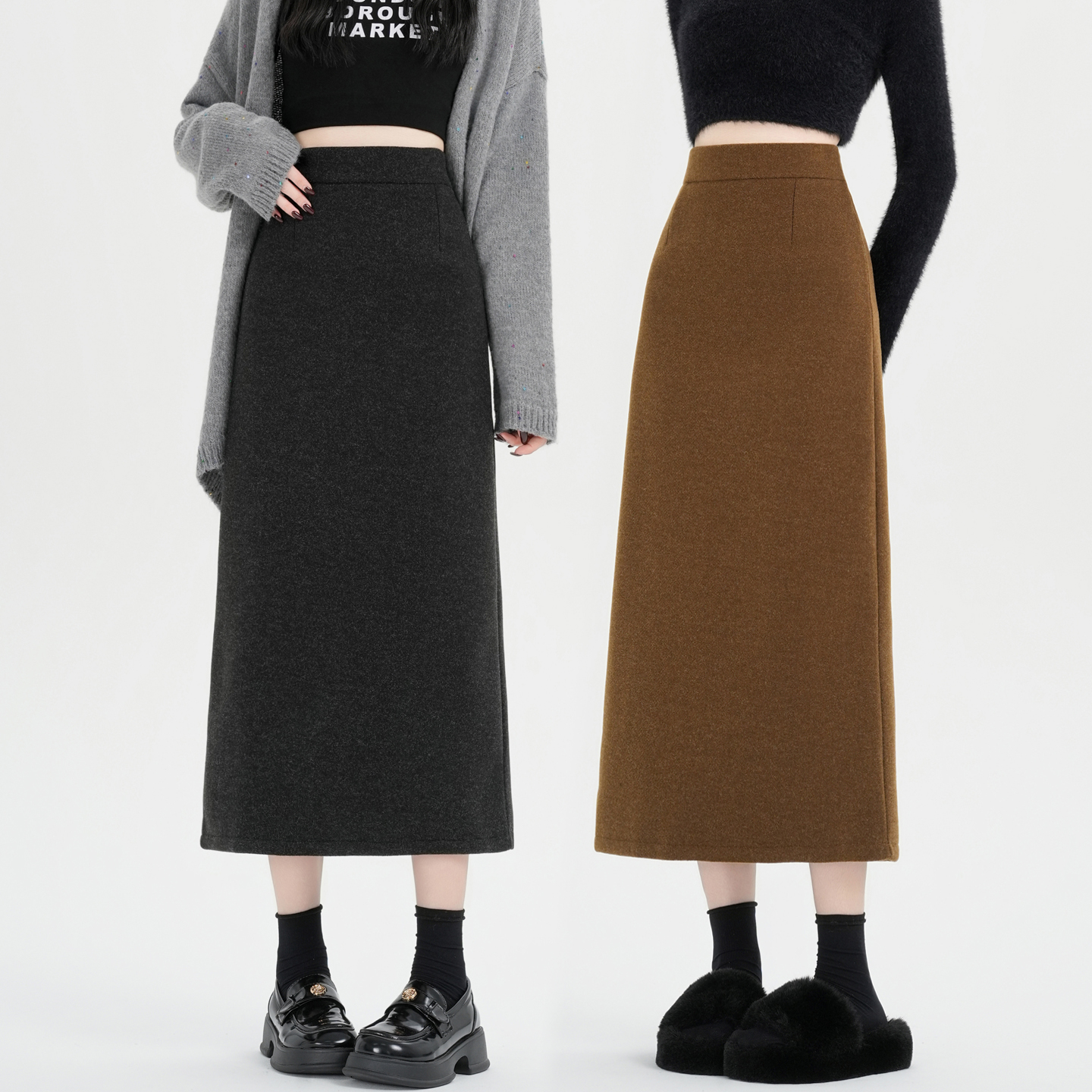 加绒加厚毛呢半身裙女秋冬2025新款开叉休闲长裙包臀直筒呢子冬裙