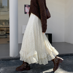 法式加绒保暖蕾丝半身裙女秋冬2025高腰不规则中长款垂感a字冬裙