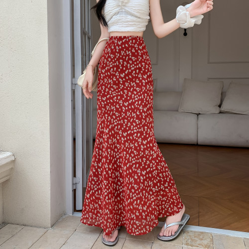复古碎花中长款包臀鱼尾半身裙女