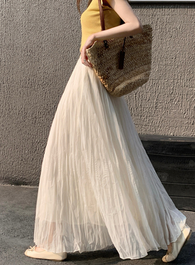 褶皱白色网纱半身裙女春夏26新款高级感垂感仙女纱裙大摆a字长裙