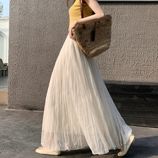 高级感垂感仙女纱裙大摆a字长裙 褶皱白色网纱半身裙女春夏26新款