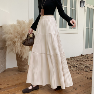 垂感百褶半身裙女秋冬2025新款 大摆休闲长裙子宽松遮跨a字蛋糕裙