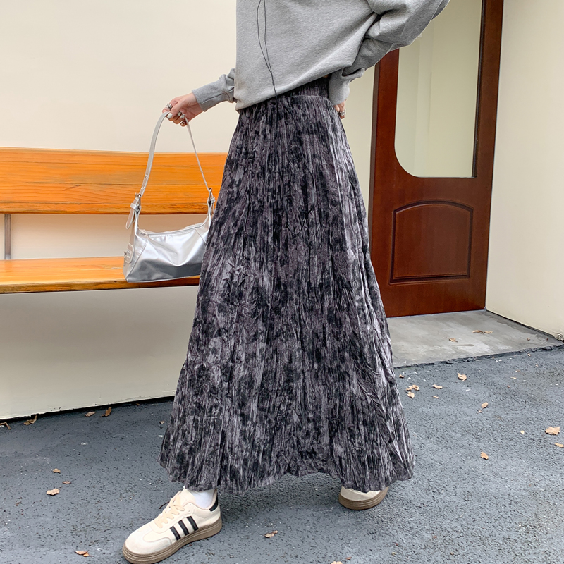 褶皱碎花丝绒长裙A字高腰半身裙