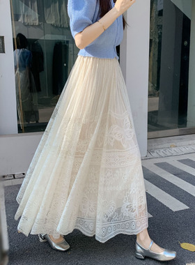 两面穿蕾丝半身裙女2025新款百搭长款大摆打底网纱裙a字百褶裙秋