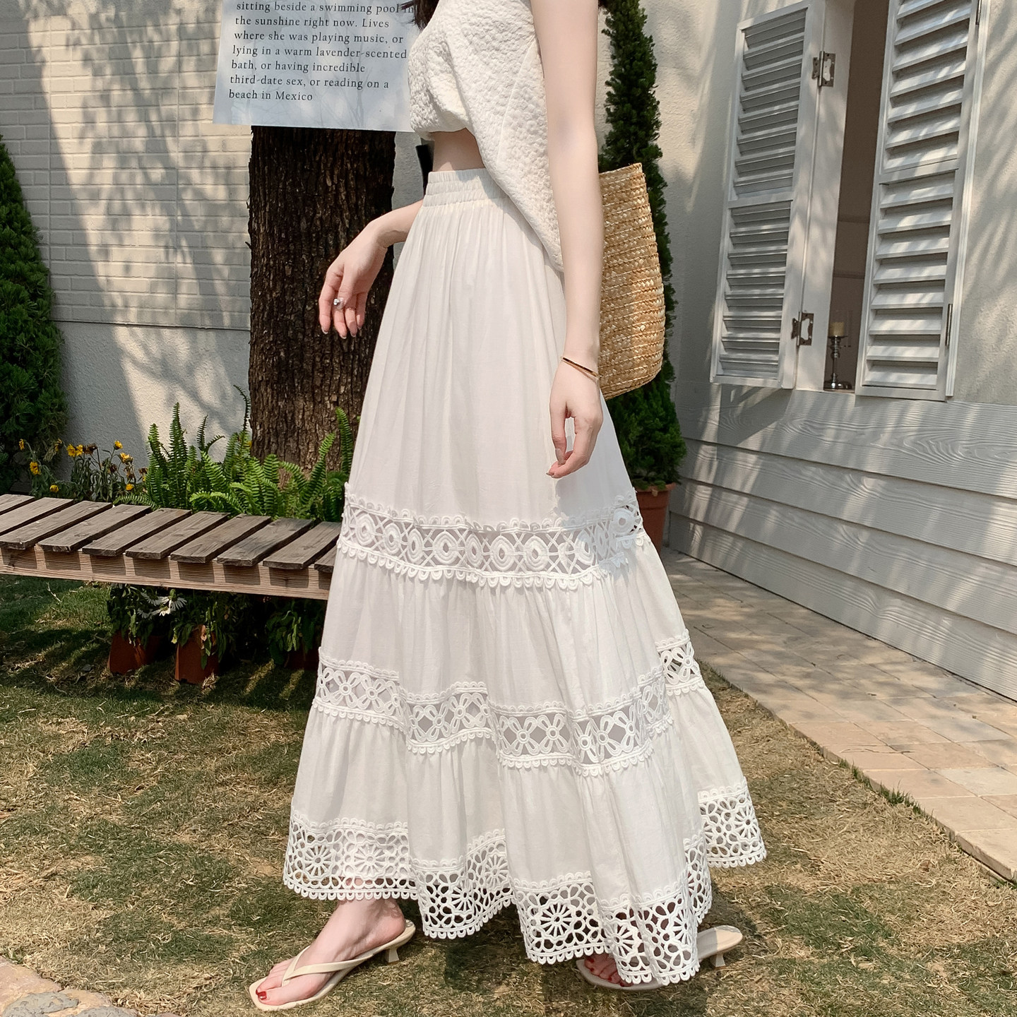 勾花镂空白色半身裙女春夏2026新款遮跨休闲长裙子高腰a字蛋糕裙