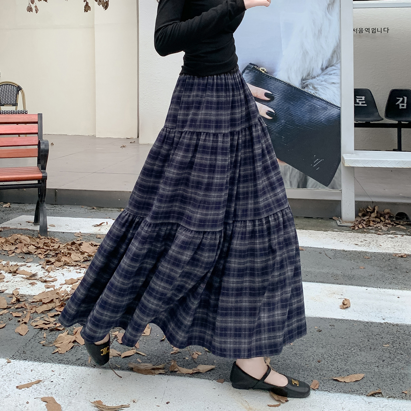 复古格子拼接百褶蛋糕裙半身裙女