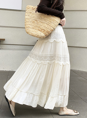 垂感白色半身裙女春2026新款气质镂空勾花休闲长裙遮跨蛋糕a字裙