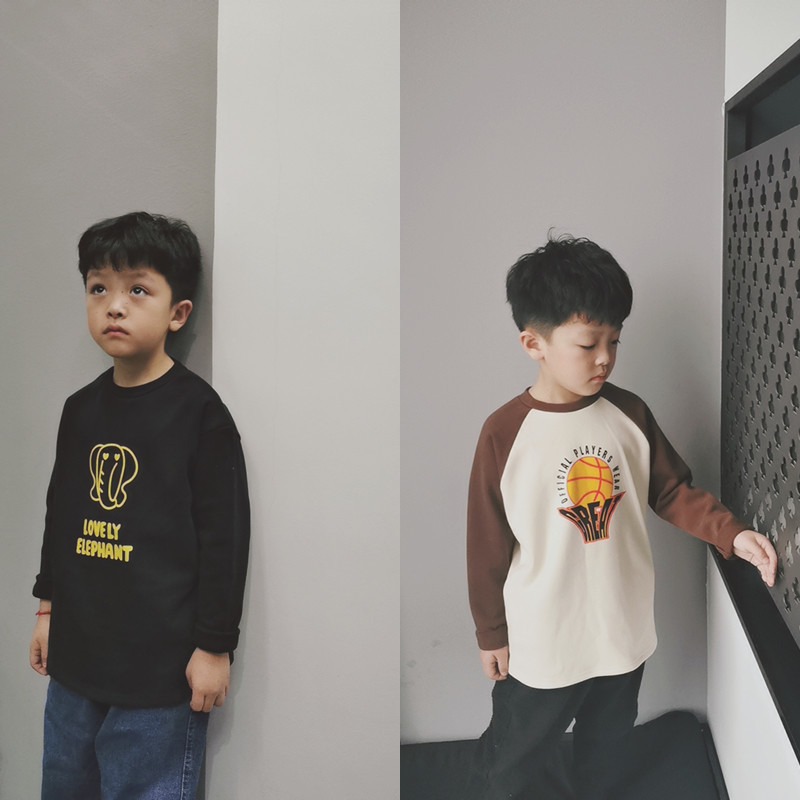 豆芽家 儿童长袖T恤加绒冬装新款韩版男女童卡通打底衫拼色加厚潮