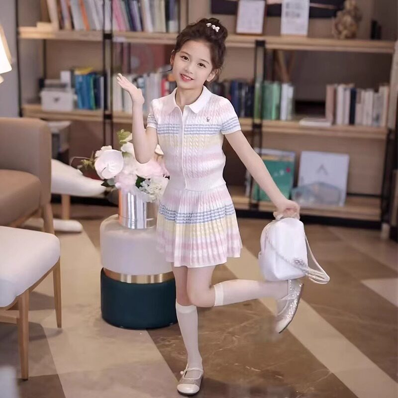 女童条纹针织衫套装2025夏装洋气时髦毛衣开衫短袖半身裙子两件套