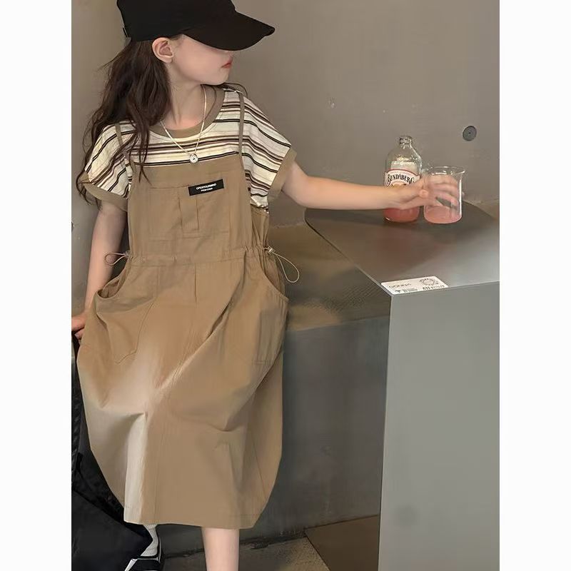 女大童假两件背带裙2025夏季新款短袖连衣裙洋气中小学生薄款裙子