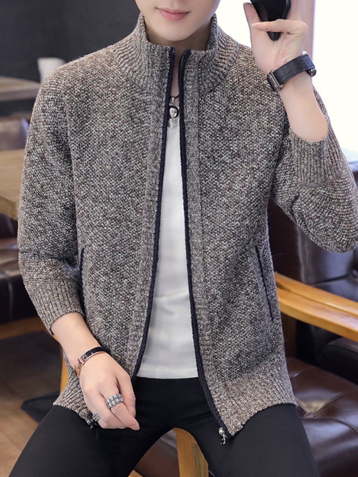 ZIPPER SWEATER MENS LOOSE CASUAL FLEECE PADDED TURTLENECK CARDIGAN AUTUMN WINTER MENS KNITTED CARDIGAN JACKET TIDE