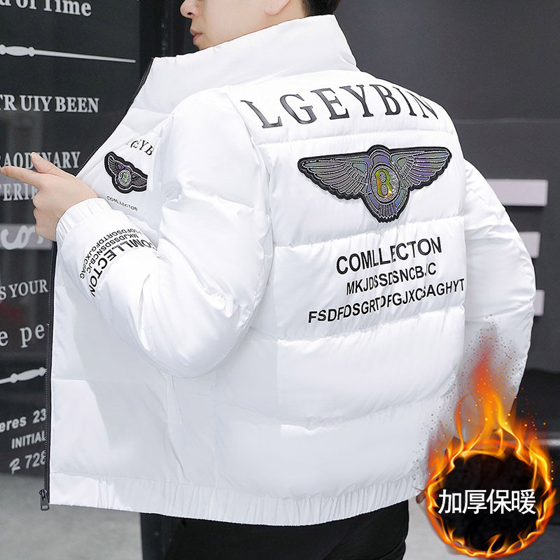 COTTON MENS WINTER THICKENED STAND-UP COLLAR DOWN JACKET MENS TREND SLIM HANDSOME SHINY EAGLE EMBROIDERED SHORT JACKET