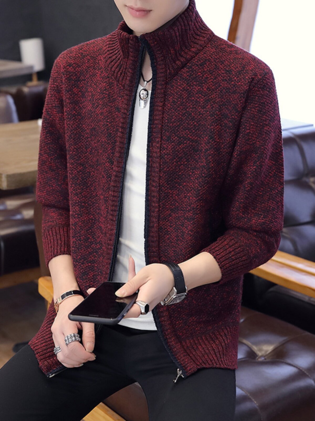 ZIPPER SWEATER MENS LOOSE CASUAL FLEECE PADDED TURTLENECK CARDIGAN AUTUMN WINTER MENS KNITTED CARDIGAN JACKET TIDE