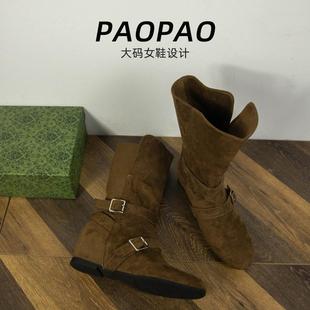 女靴41到43宽脚胖马丁靴内增高绒面西部牛仔靴加绒时装 大码 靴韩系