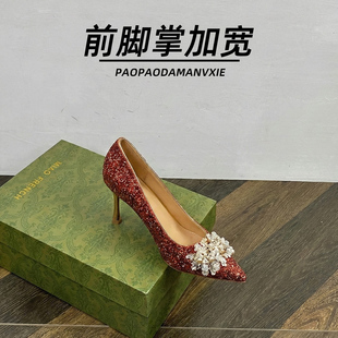 前脚掌加宽大码女鞋41到42中式婚鞋宽脚胖新娘秀禾婚纱两穿高跟鞋