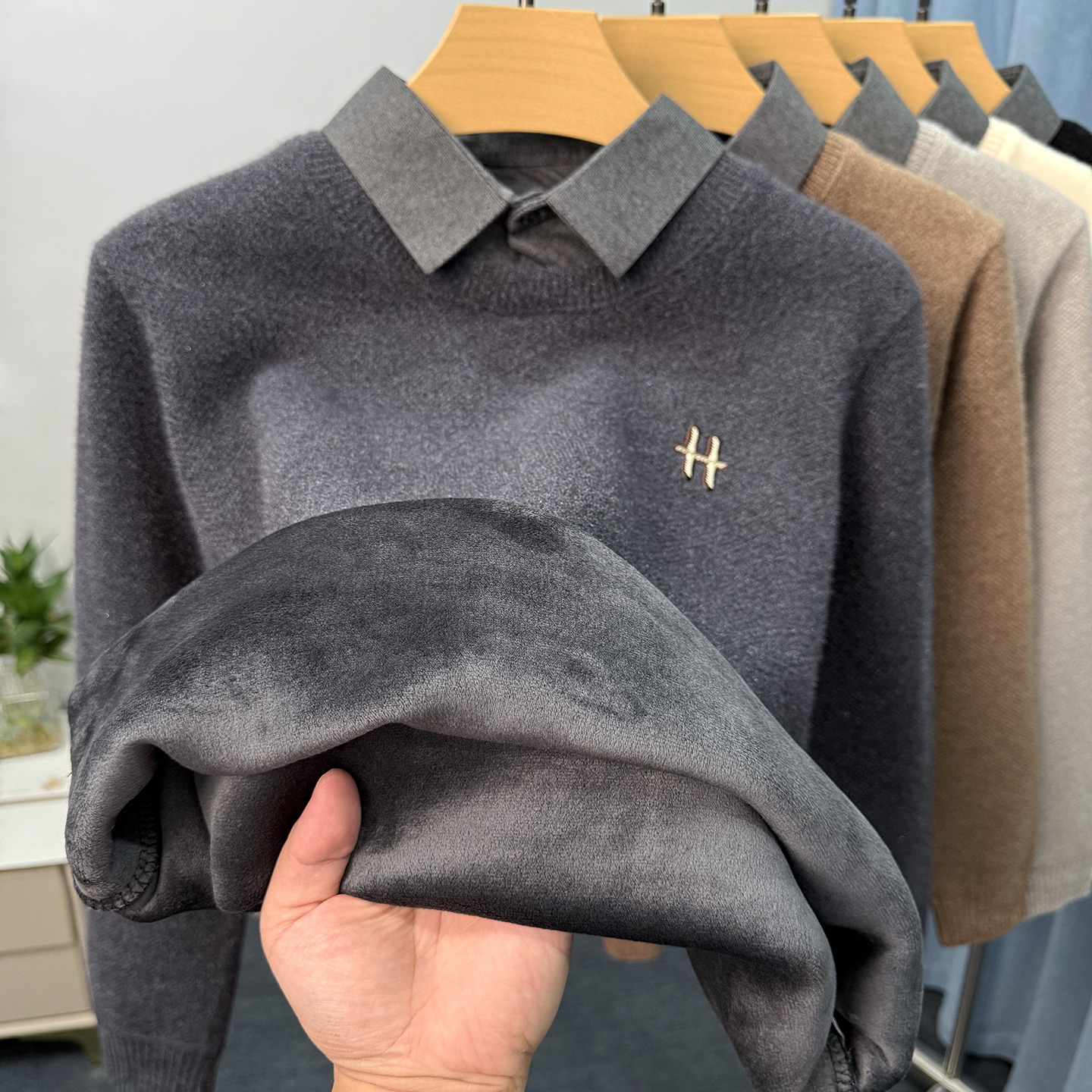 一体绒衬衫领假两件毛衣男秋冬季加绒加厚针织打底衫男装内搭线衣