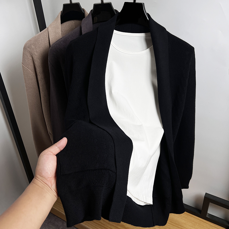 披肩男针织衫翻领无扣毛衣外套