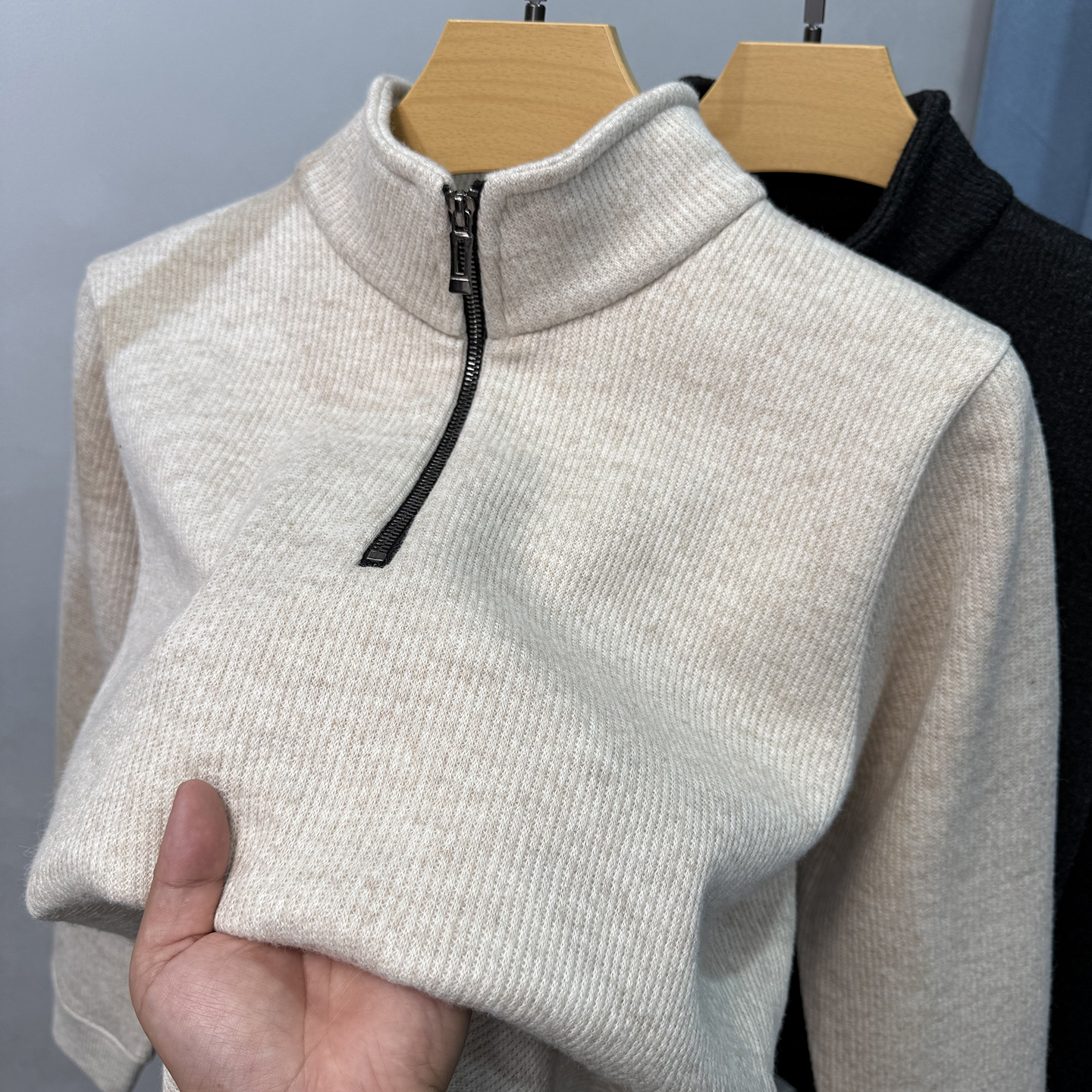 一体绒半拉链卫衣男秋冬季加绒加厚上衣针织打底衫男立领t恤长袖