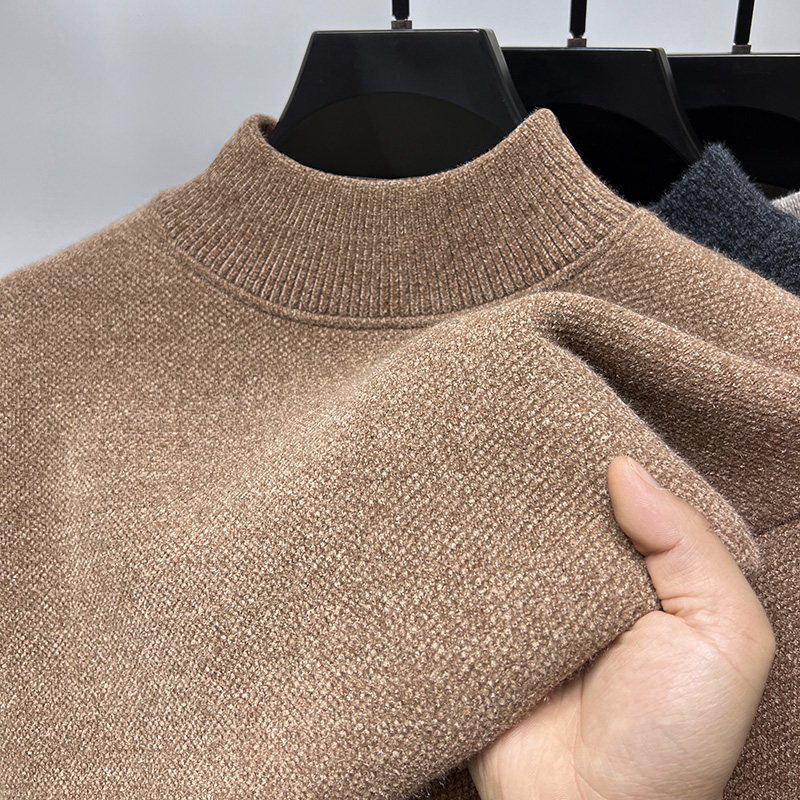 一体绒半高领加绒加厚毛衣男