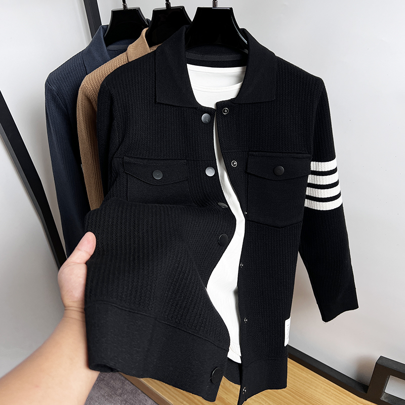 开衫男针织衫翻领条纹毛衣外套