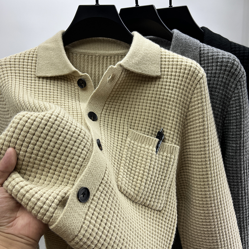 开衫男针织衫翻领口袋毛衣