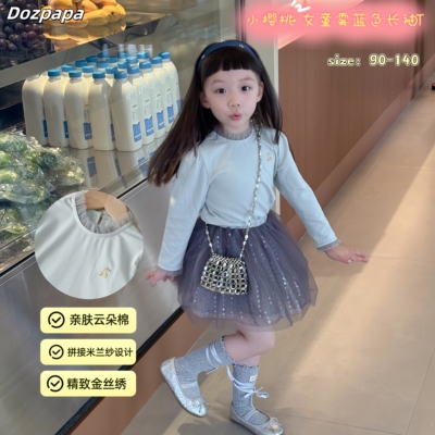 韩版小樱桃女宝拼接长袖T恤