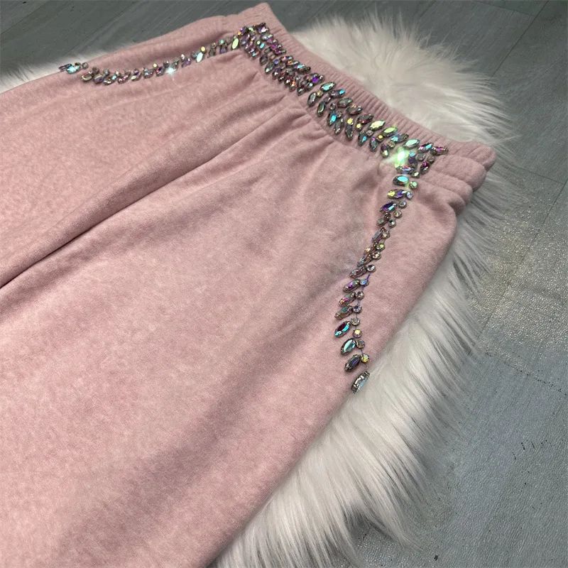 FashionRhinestoneFleelinedWideLegPantsWomen2024Au高个子筒裤