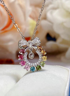 Pink ZirconBowKnotHeart Pendant NecklaceSweet Girls Necklace