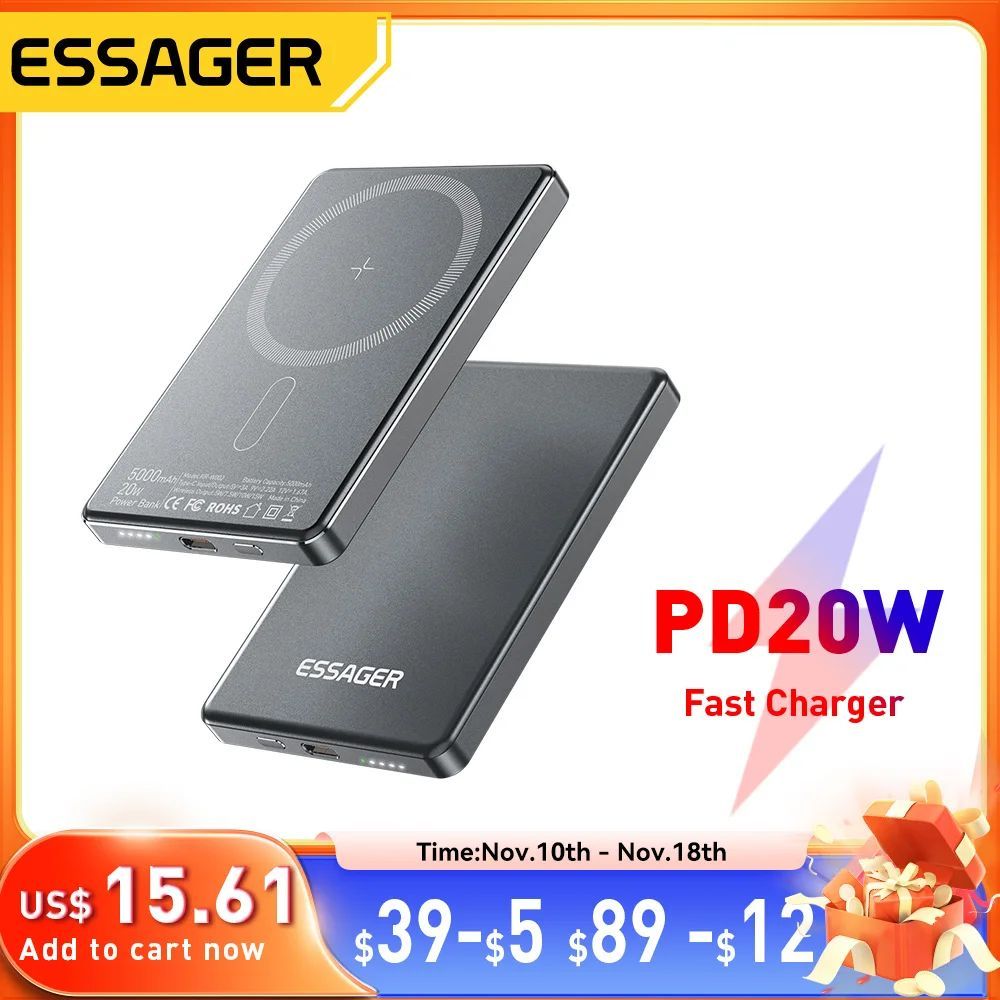 Essager Thin Wireless Power Bank Magnetic 20W 5000mAh Portab