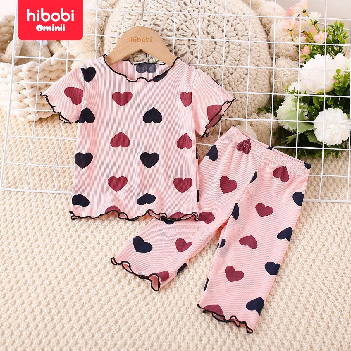hibobi 2-Piece Summer Girl Allover Heart Printed Short Sleev