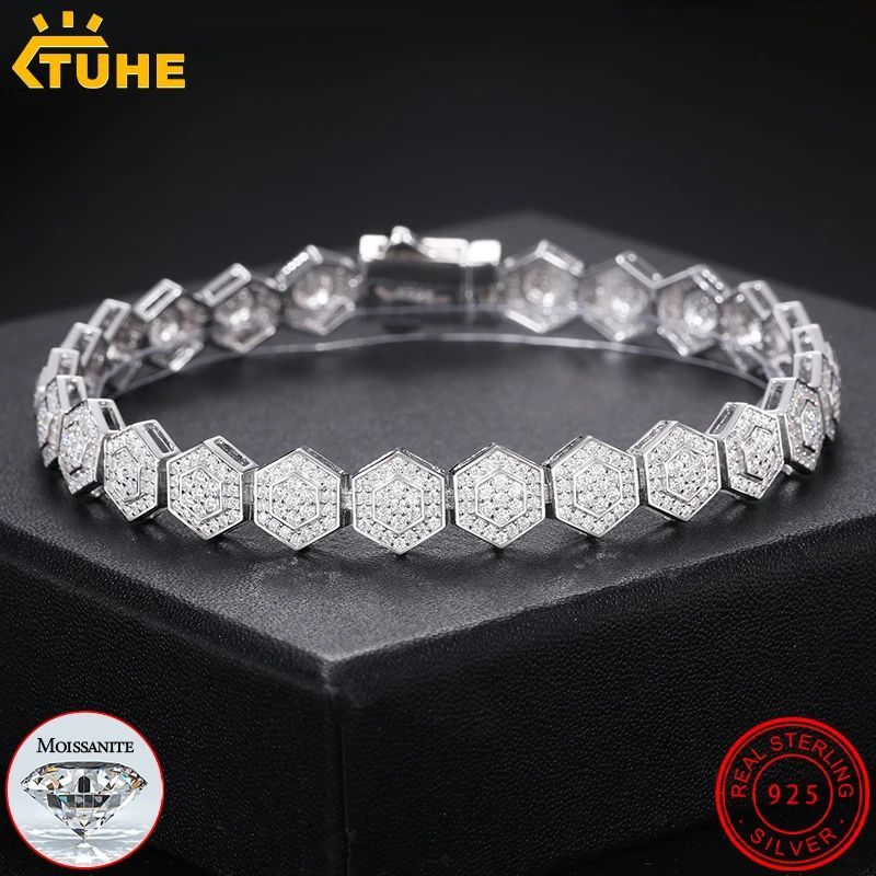 TUHE Fine Unisex Polygonal 925 Silver Moissanite Bracelet Hi