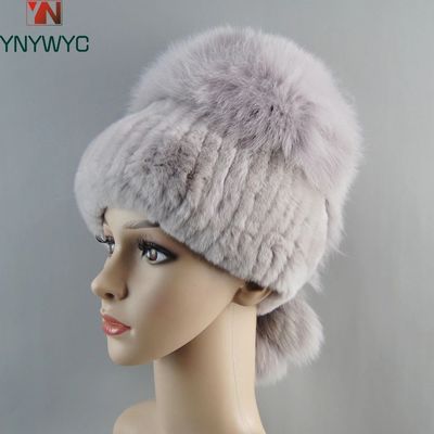 Russia Girls Natural Real Rex Rabbit Fur Skullies Cap Knit W