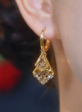 2024新款高级感咖色满钻几何双层菱形耳环潮时尚百搭设计感耳饰女