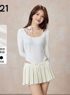 A21女装针织修身圆领打底长袖T恤纯色时尚连体小性感U领弹力T恤衫