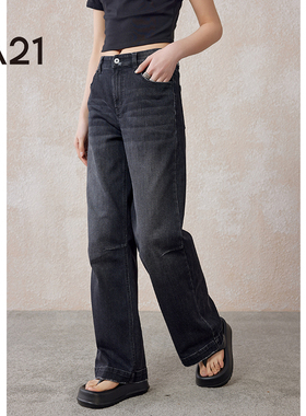 A21女装宽松中腰阔腿牛仔长裤春夏季美式vibe潮牌复古做旧直筒裤