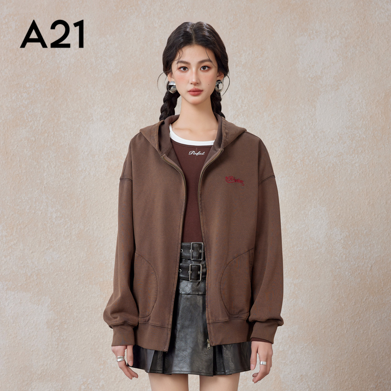 A21女装宽松连帽落肩开衫卫衣