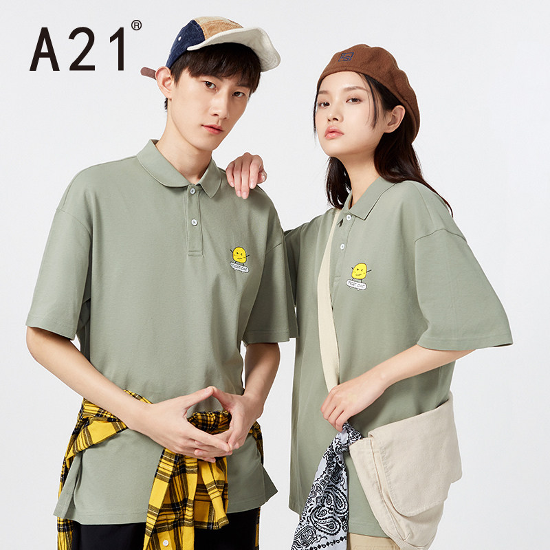 A21夏季2021新款新疆棉男装宽松男士复古情侣短袖POLO衫男生T恤潮