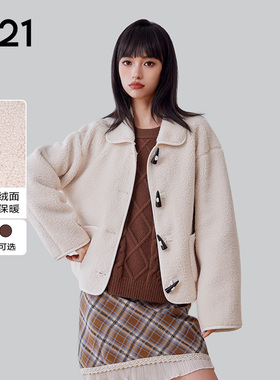 A21女装宽松翻领落肩开胸毛绒外套时尚洋气休闲百搭毛绒夹克外套