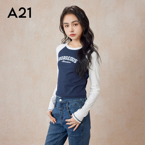 A21女装美式撞色设计感秋季上衣新款休闲针织显瘦圆领插肩长袖T恤